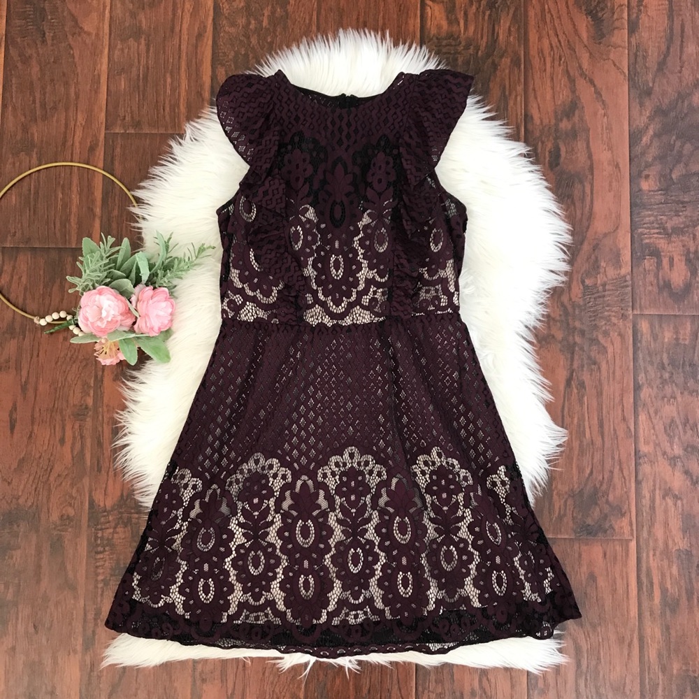 Parker Burgundy Ruffle Lace Mini Dress
